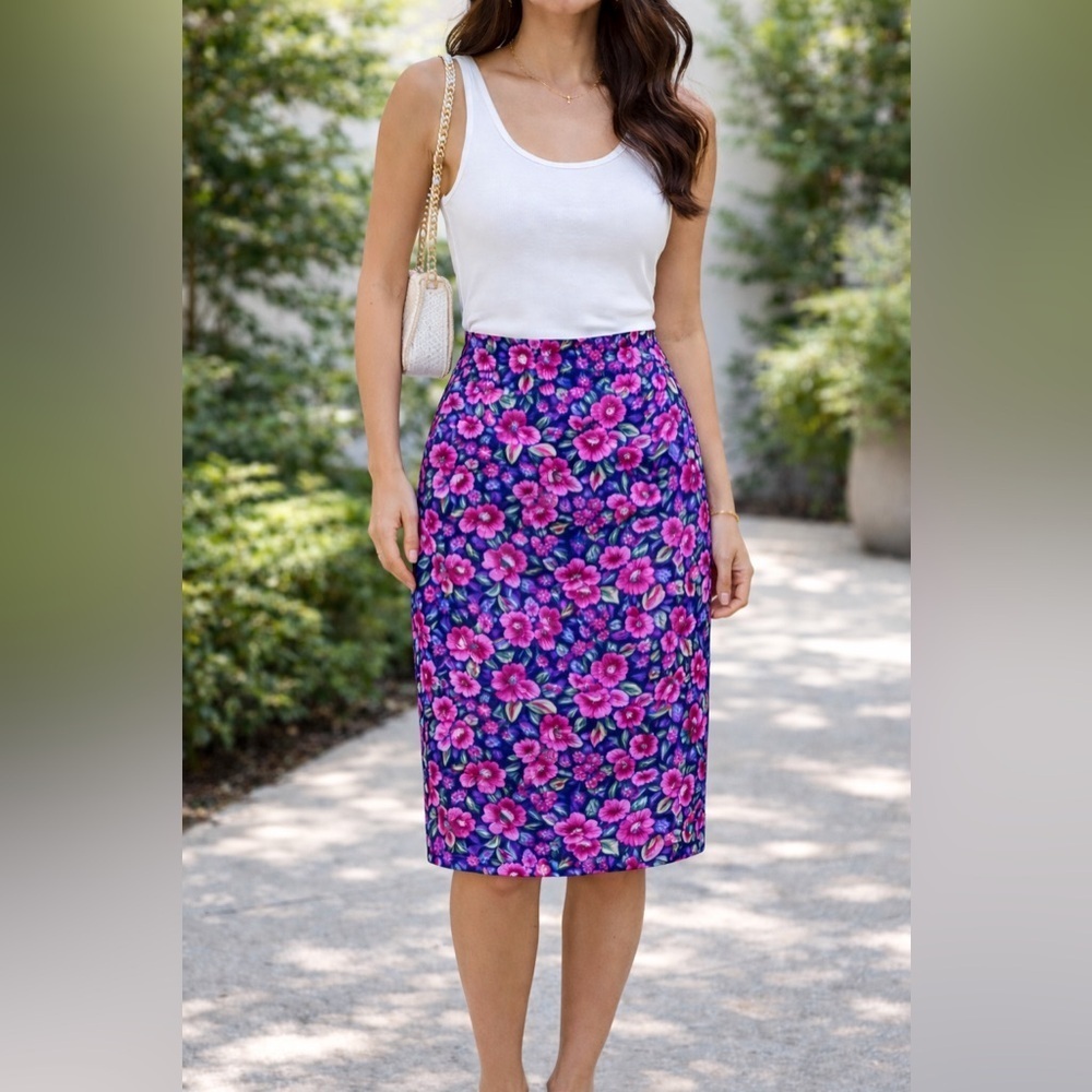 Vintage 90s Silk Floral Midi Skirt Pink Blue Preppy Cottagecore
